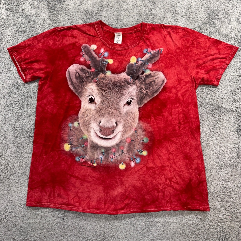 Gildan Softstyle Reindeer Christmas Lights Red Tie Dye T-Shirt Mens XL Holiday